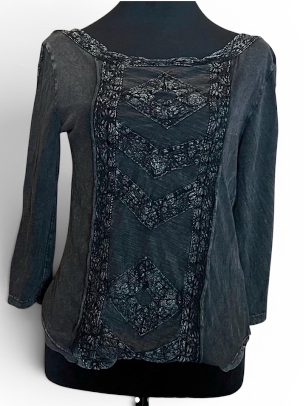 Free People Truly Mad Charcoal Crochet Lace-Front Top Medium